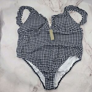 J Crew Swim 24 3X Blue Gingham One Piece V Neck Bikini Seersucker Ruffle BE754